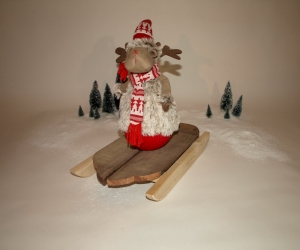 Xmas deco - wooden sled Natural with young Rudolph